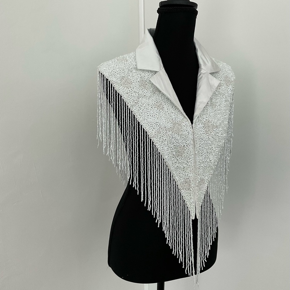 White Blazer Cape with Beaded Fringe - Picture 3 of 7